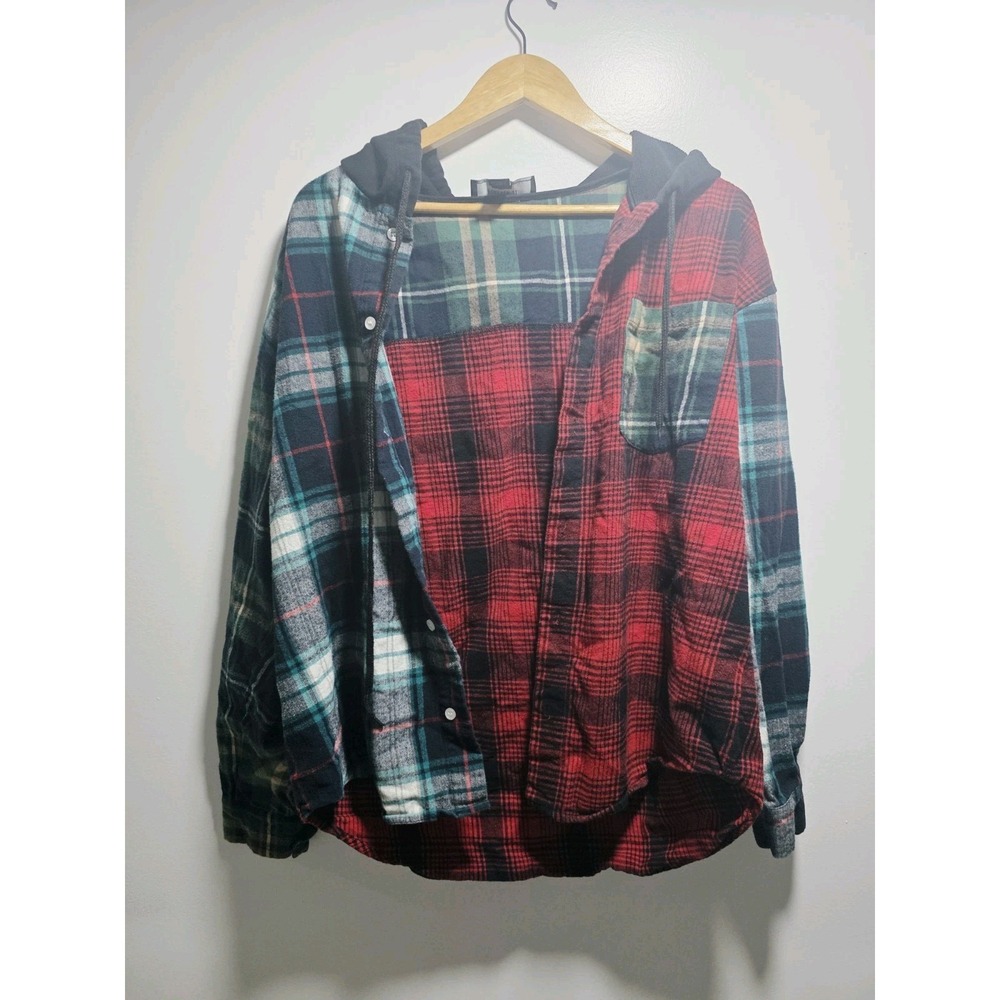 Forever 21 Men's Hooded Plaid Flannel Shirt Bold Multi-Color Patchwork Size M